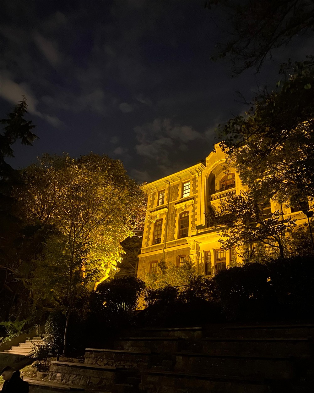 A stone building on Boğaziçi University's South Campus, lit at night behind trees